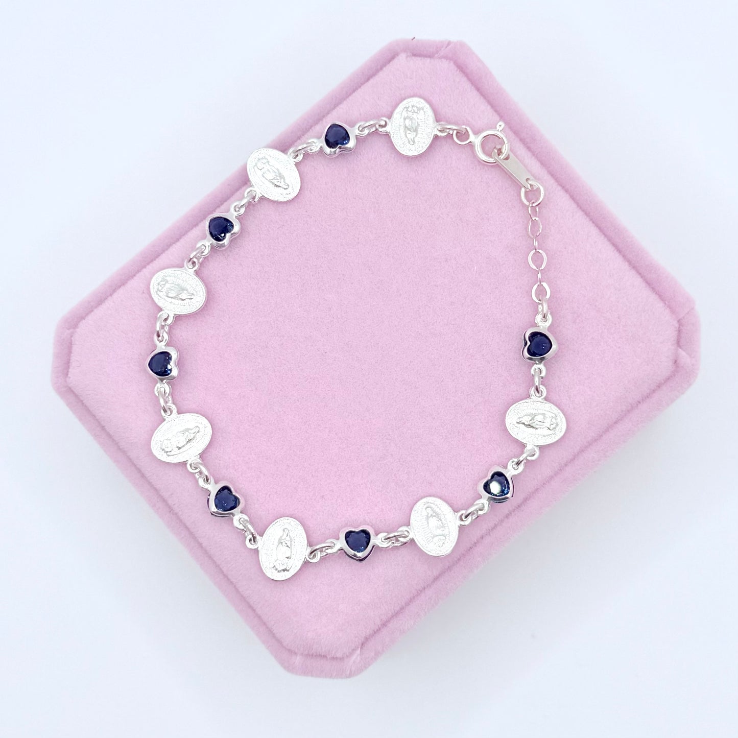 Virgencita Blue Hearts Silver Bracelet