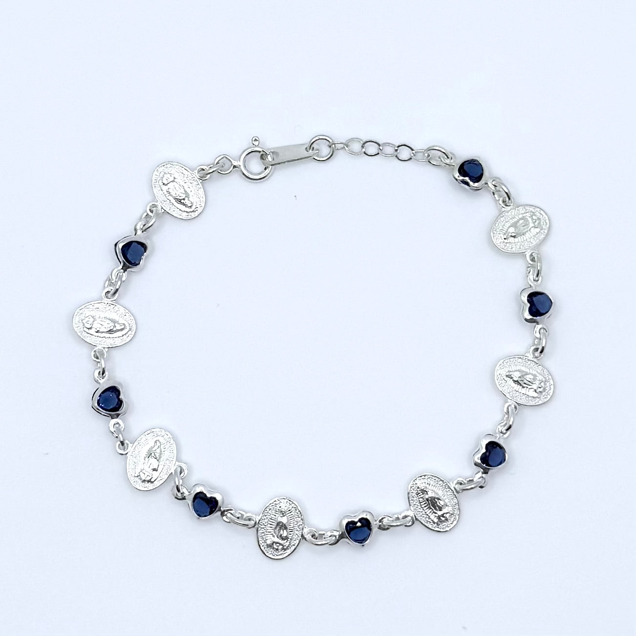 Virgencita Blue Hearts Silver Bracelet