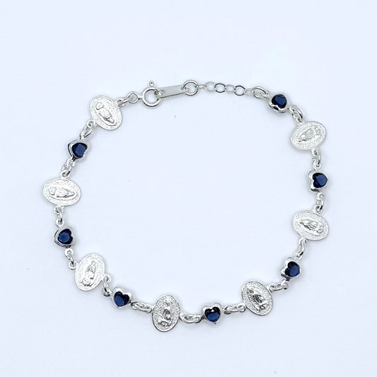 Virgencita Blue Hearts Silver Bracelet