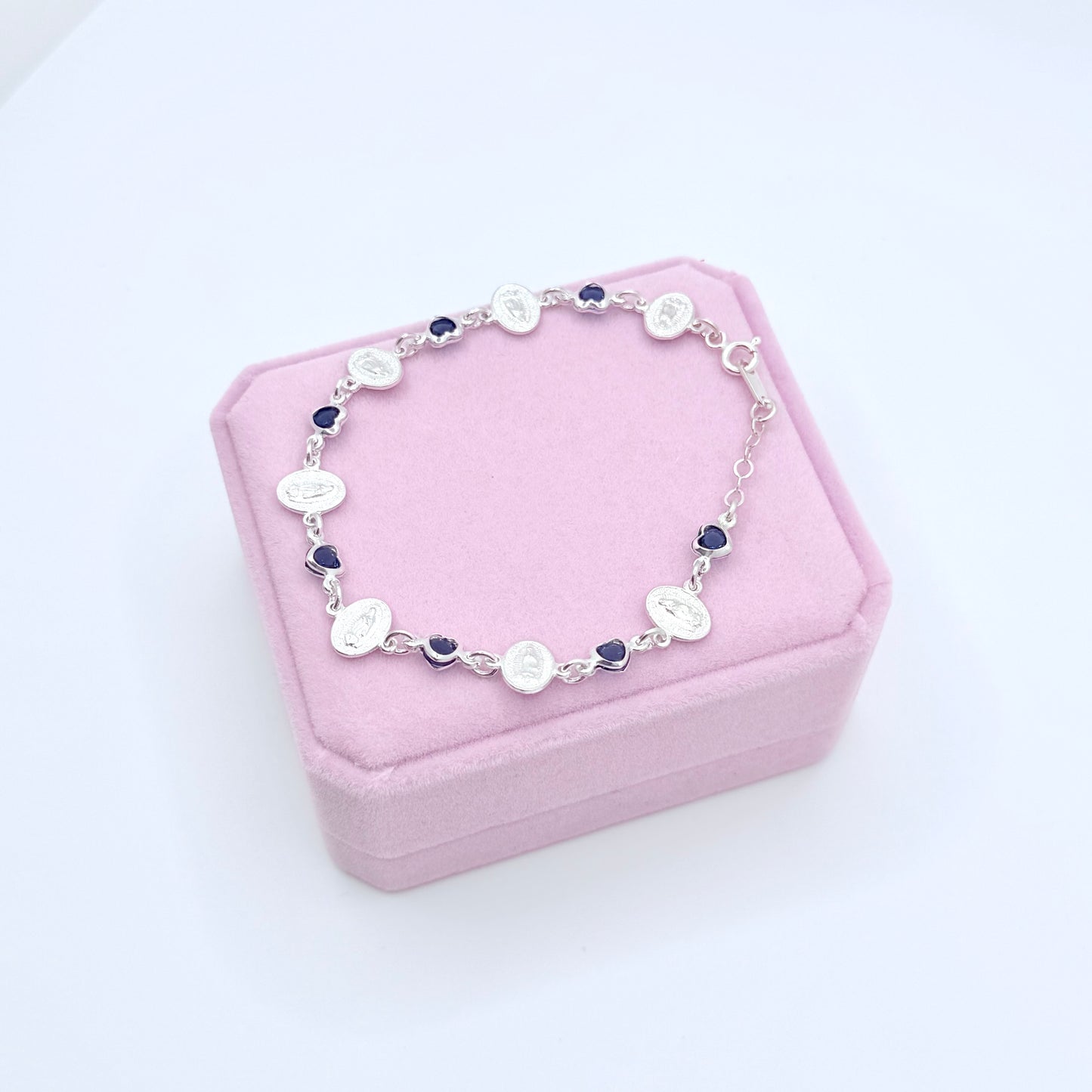 Virgencita Blue Hearts Silver Bracelet