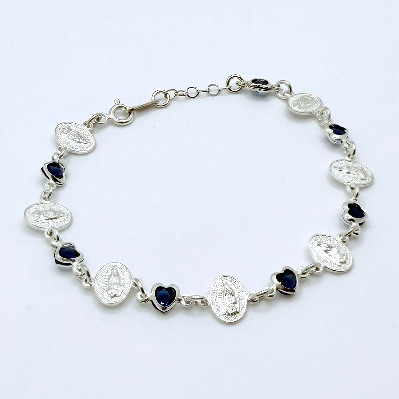 Virgencita Blue Hearts Silver Bracelet