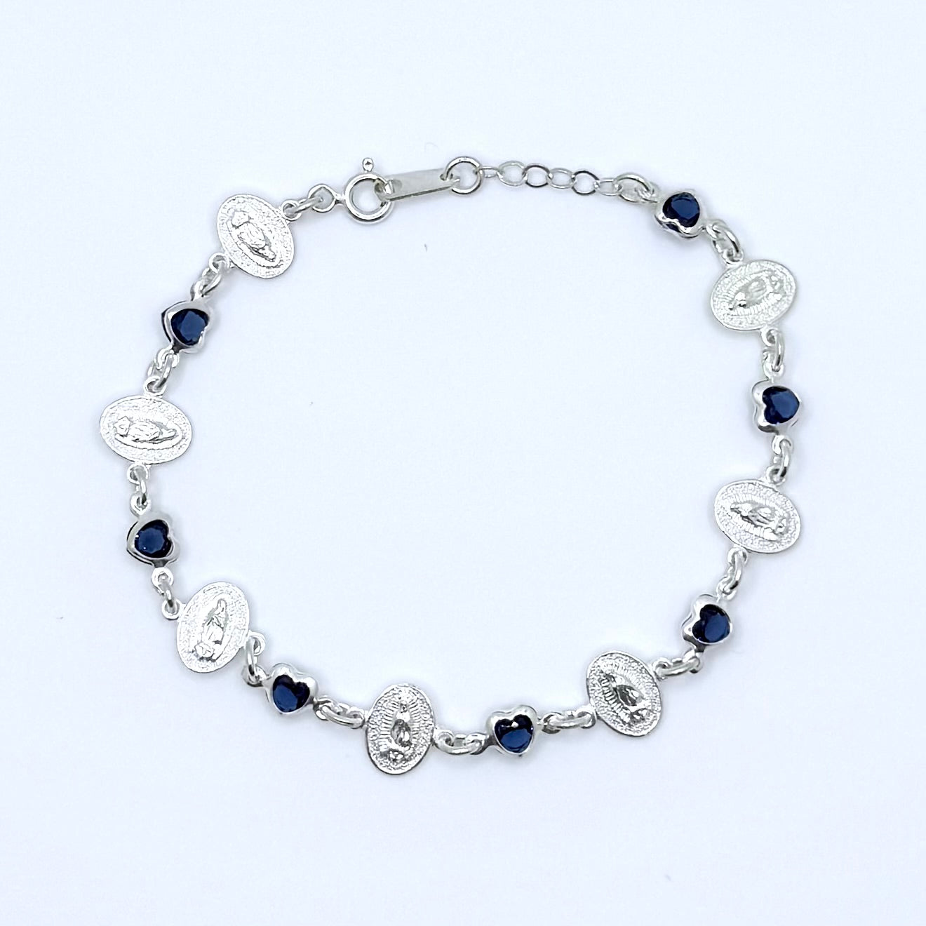 Virgencita Blue Hearts Silver Bracelet