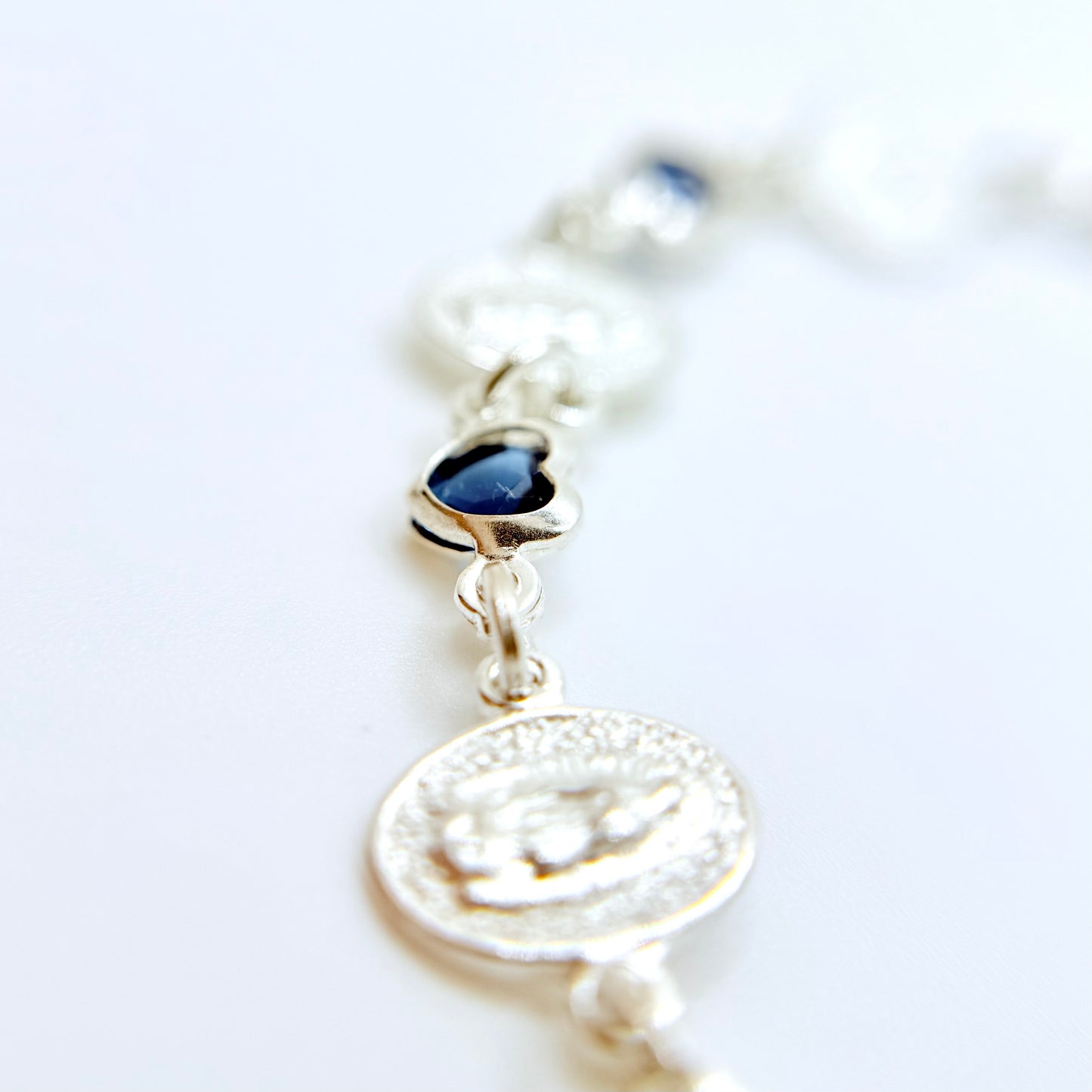 Virgencita Blue Hearts Silver Bracelet